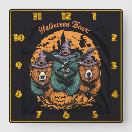 夜の魔女よくはしゃぐ帽にハロウィーンベア スクエア壁時計 (正面)