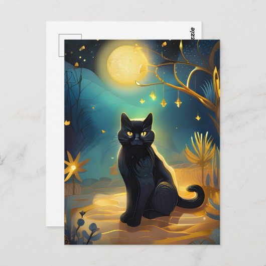 夜はがき内の黒猫 ポストカード (正面/裏面)
