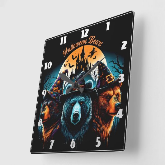 夜は不気味な帽子をかぶったハロウィーンベア スクエア壁時計 (傾斜)