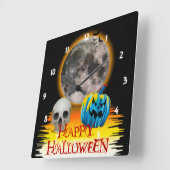 夜は満月、スカル、青いカボチャ。 スクエア壁時計 (傾斜)