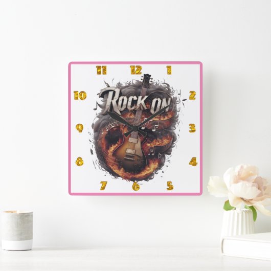 夜を徹して揺れる炎のギター スクエア壁時計 (ホーム)