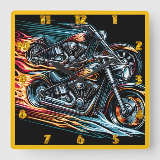 夜を通してレースを行うダイナミックな炎のオートバイ スクエア壁時計 (正面)