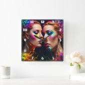 夜カラフルにネオン効果のある双子の顔 スクエア壁時計 (ホーム)