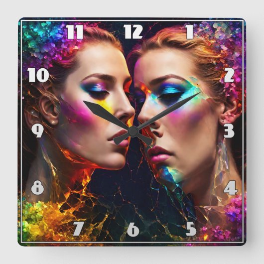 夜カラフルにネオン効果のある双子の顔 スクエア壁時計 (正面)