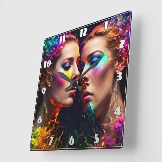 夜カラフルにネオン効果のある双子の顔 スクエア壁時計 (傾斜)
