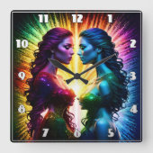 夜カラフルに明かりを抱く双子 スクエア壁時計 (正面)