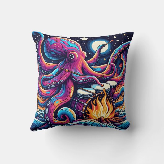 夜カラフルのキャンプファイヤーでタコを叩く クッション (裏面)