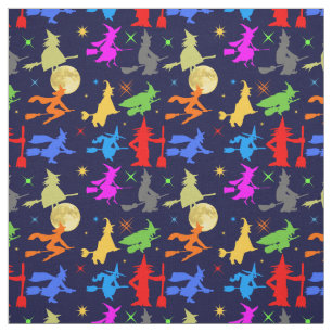 夜カラフルのハロウィーンパターンで魔女が飛ぶ ファブリック