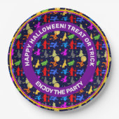 夜カラフルのハロウィーンパターンで魔女が飛ぶ ペーパープレート (正面)