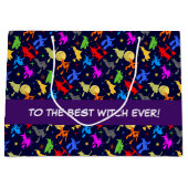 夜カラフルのハロウィーンパターンで魔女が飛ぶ ラージペーパーバッグ (正面)