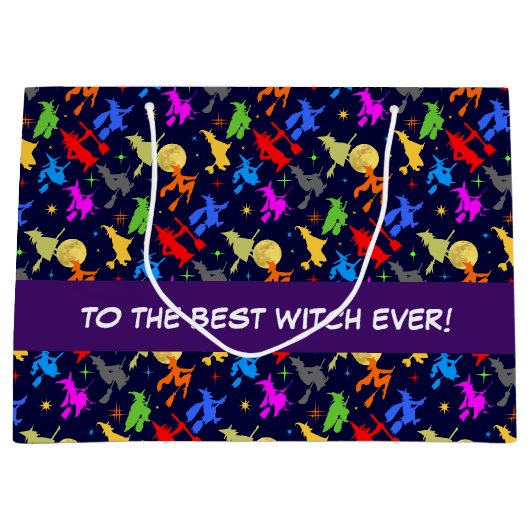 夜カラフルのハロウィーンパターンで魔女が飛ぶ ラージペーパーバッグ (正面)