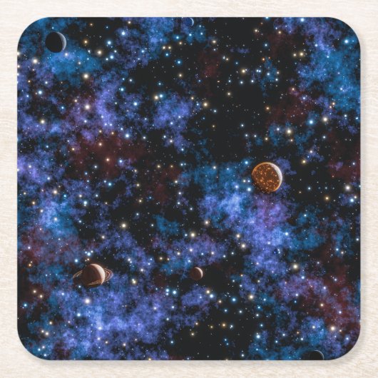 夜カラフルの銀河系、星、惑星 スクエアペーパーコースター (正面)