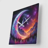 夜カラフル空ウルフのハウル三日月 スクエア壁時計 (傾斜)
