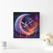 夜カラフル空ウルフのハウル三日月 スクエア壁時計 (ホーム)