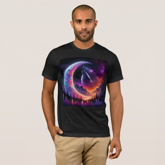 夜カラフル空ウルフのハウル三日月 Tシャツ (正面フル)