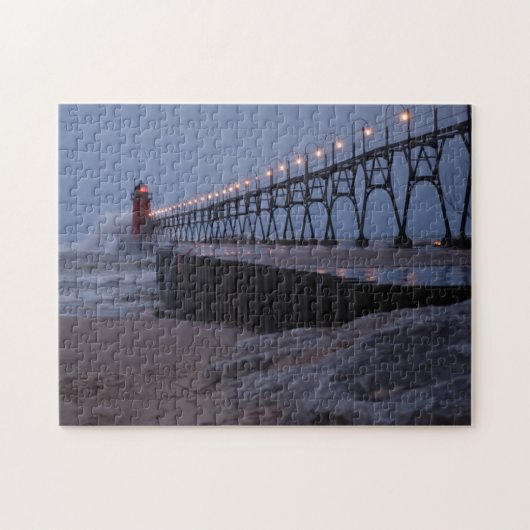 夜パズルの灯台桟橋 ジグソーパズル (横)