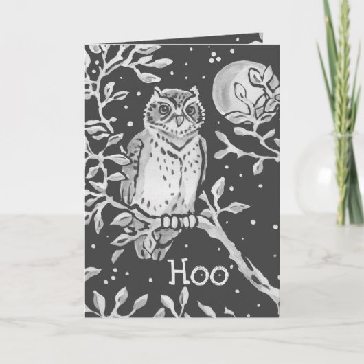『夜フクロウ&ムーン・ハロウィーン』(黒と白ユーモアのある) カード (正面)