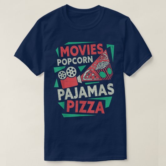 夜ポップコーンを見る映画好き Tシャツ (デザイン正面)