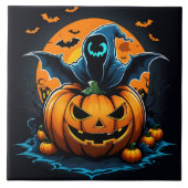 夜不気味に彫られたカボチャから立ち上がる幽霊 タイル (正面)