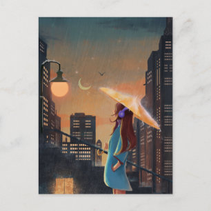 夜市の雨傘の女の子 ポストカード