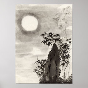夜日本の月の風景すみ絵 ポスター