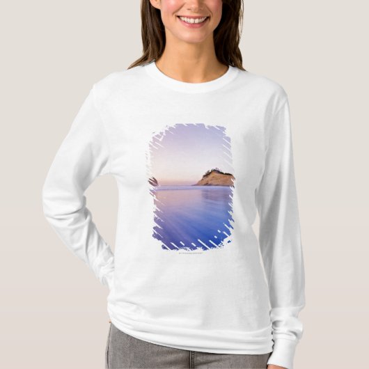 夜明けによってぼやけられる青い紫色の波の三角波の石 Tシャツ (正面)