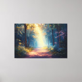 夜明けに入る霧がかった森林の歩道 キャンバスプリント (正面)