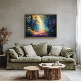 夜明けに入る霧がかった森林の歩道 キャンバスプリント