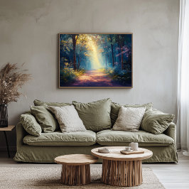 夜明けに入る霧がかった森林の歩道 キャンバスプリント