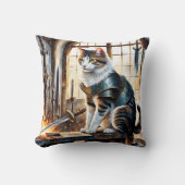 夜明けに刀に囲まれた鎧を着た猫 クッション (正面)