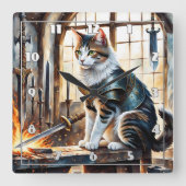 夜明けに刀に囲まれた鎧を着た猫 スクエア壁時計 (正面)