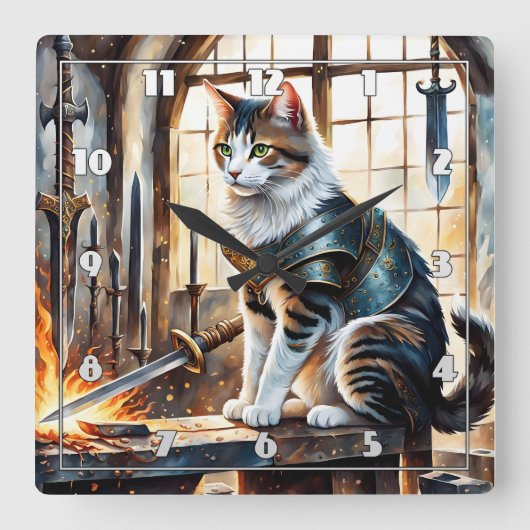 夜明けに刀に囲まれた鎧を着た猫 スクエア壁時計 (正面)