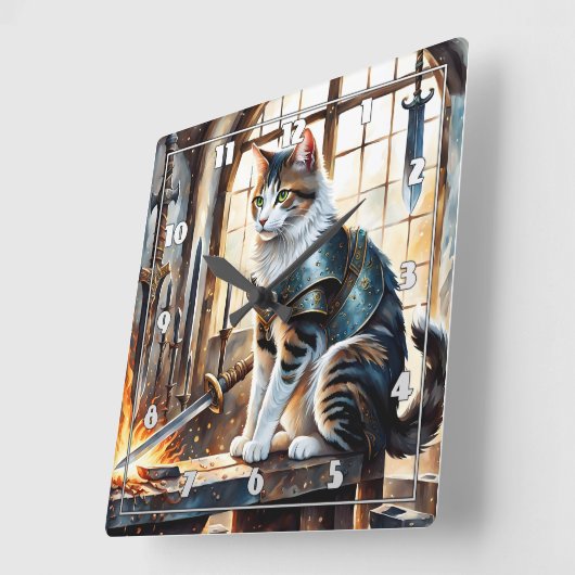 夜明けに刀に囲まれた鎧を着た猫 スクエア壁時計 (傾斜)