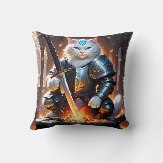 夜明けに剣を鍛える鎧を着た戦士ネコ クッション (裏面)
