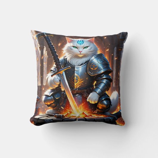 夜明けに剣を鍛える鎧を着た戦士ネコ クッション (正面)