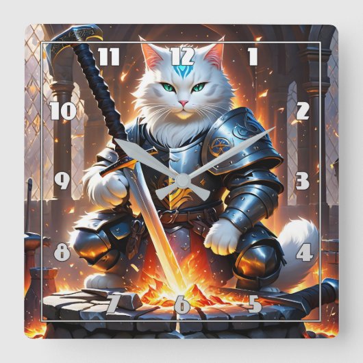 夜明けに剣を鍛える鎧を着た戦士ネコ スクエア壁時計 (正面)
