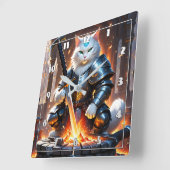 夜明けに剣を鍛える鎧を着た戦士ネコ スクエア壁時計 (傾斜)