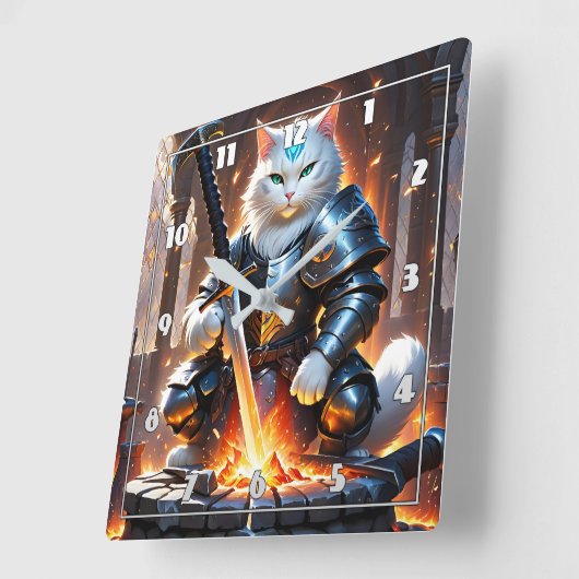 夜明けに剣を鍛える鎧を着た戦士ネコ スクエア壁時計 (傾斜)