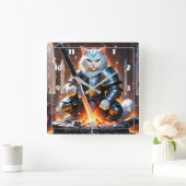 夜明けに剣を鍛える鎧を着た戦士ネコ スクエア壁時計 (ホーム)