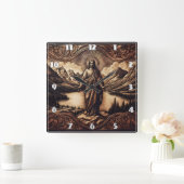 夜明けに山の威厳のある前に立つイエス スクエア壁時計 (ホーム)