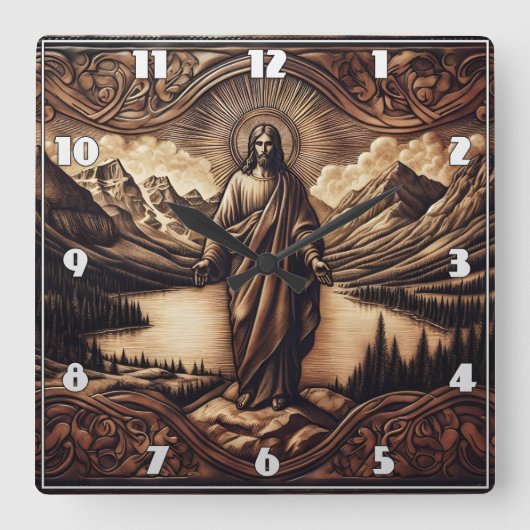 夜明けに山の威厳のある前に立つイエス スクエア壁時計 (正面)