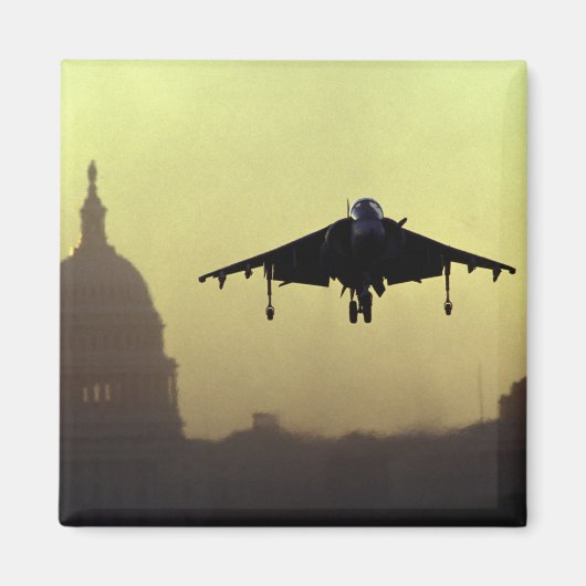 夜明けのナショナル・モールに着陸するハリアー戦闘機と マグネット (正面)