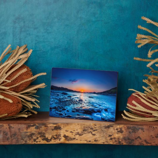 夜明けの海岸の地平線の上の日の出 フォトプラーク (側面)