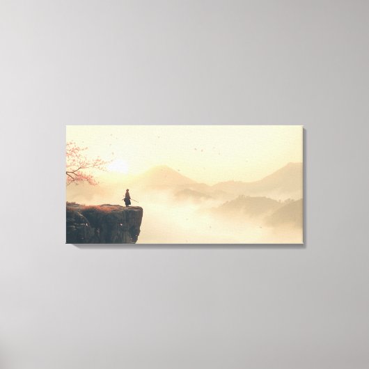 夜明けの禅サムライ - シネマティック霧の山 キャンバスプリント (正面)
