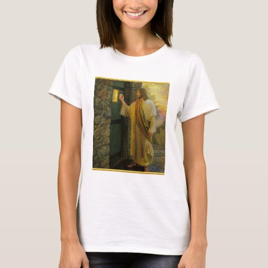 夜明けの訪問イエスが扉をノック素朴する Tシャツ (正面)