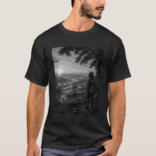 夜明けの谷間の黒と白の流浪のギタリスト Tシャツ (正面)