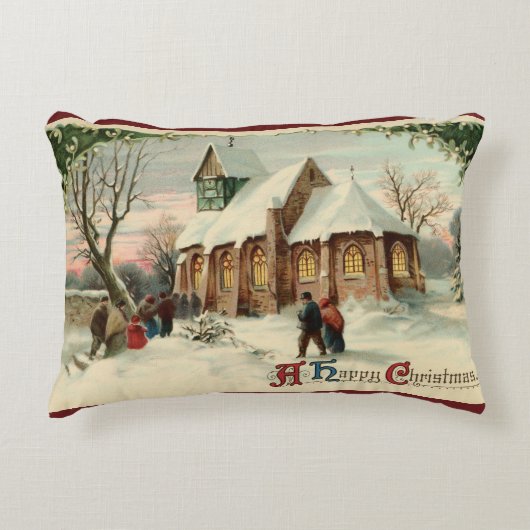 夜明けミサでのヴィンテージクリスマス教会のパリショナー アクセントクッション (正面)