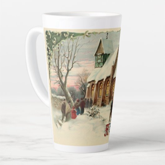 夜明けミサでのヴィンテージクリスマス教会のパリショナー カフェラテマグ (左アングル)