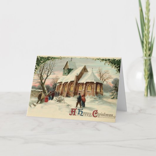 夜明けミサでのヴィンテージクリスマス教会のパリショナー シーズンカード (正面)