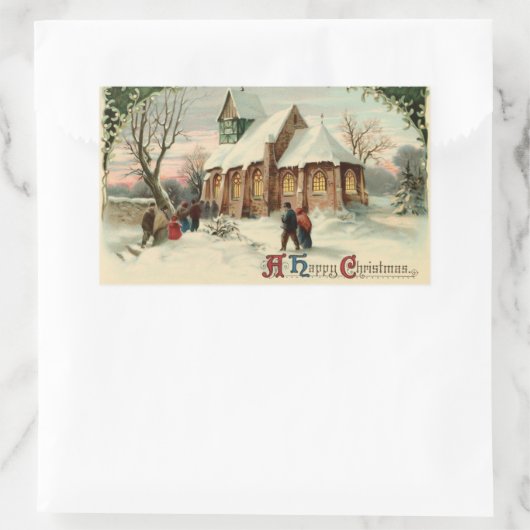 夜明けミサでのヴィンテージクリスマス教会のパリショナー 長方形シール (バッグ)